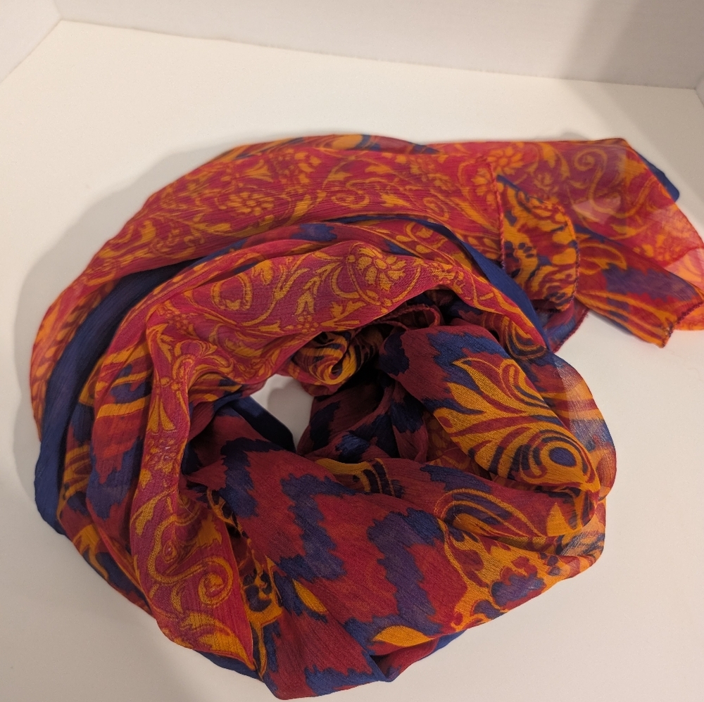 Sheer Large Royal Blue, Red and Orangy Gold Shawl, Scarf or‎ Wrap - Picture 4 of 7